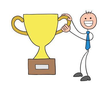 Stickman iş adamı karakteri mutlu ve ödülü kazandı, vektör karikatür çizimi. Siyah çizgili ve renkli. 