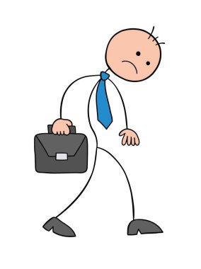 Stickman iş adamı karakteri mutsuz ve çantayla yürüyor, vektör karikatür çizimi. Siyah çizgili ve renkli. 