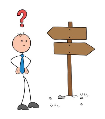 Yol işaretinin önündeki çubukçu işadamı karakteri ve hangi yöne gideceğini düşünüyor, vektör karikatür çizimi. Siyah çizgili ve renkli. 