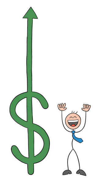 Dollar Steigt Und Stickman Geschäftsmann Charakter Glücklich Vektor Cartoon Illustration — Stockvektor