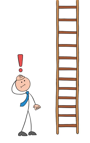 Stickman Personagem Empresário Olhando Para Escada Madeira Muito Longa Preocupado —  Vetores de Stock