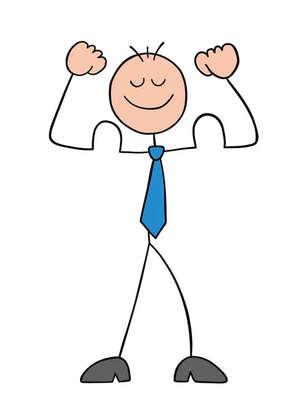 Stickman Businessman Character Strong Showing Biceps Vector Cartoon Illustration Black — Stock Vector