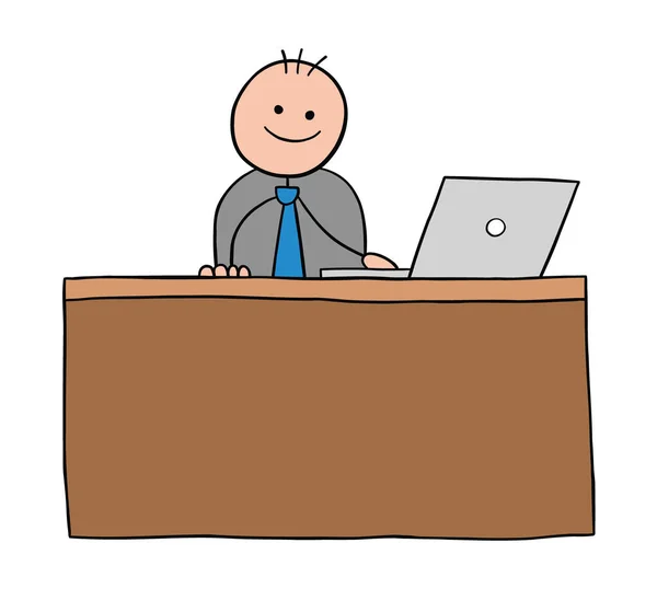 Stickman Businessman Character Happy Sitting Desk Vector Cartoon Illustration Black — Stock Vector