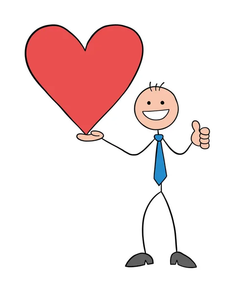 Stickman Empresario Personaje Sosteniendo Símbolo Del Corazón Dando Pulgares Hacia — Archivo Imágenes Vectoriales