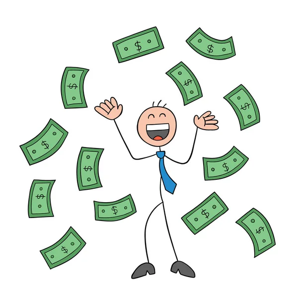 Hombre Negocios Stickman Carácter Feliz Dinero Papel Flotando Aire Ilustración — Archivo Imágenes Vectoriales