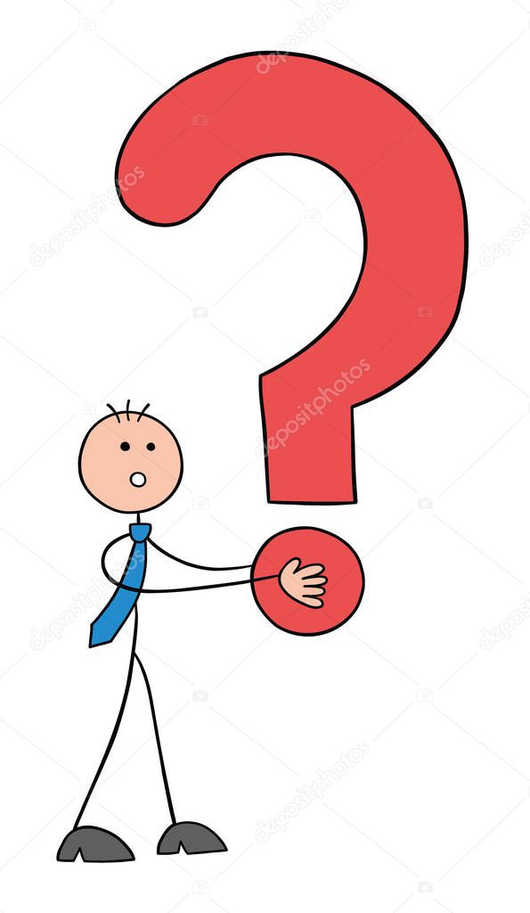 Stickman businessman character holding big question mark, vector cartoon illustration. Black outlined and colored. 