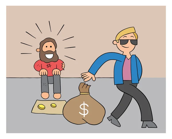 Cartoon Bohatý Muž Dává Bezdomovci Pytel Dolarů Vektorové Ilustrace Černý — Stockový vektor