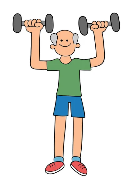 Desenhos Animados Homem Velho Exercitando Levantando Pesos Ilustração Vetorial Preto — Vetor de Stock