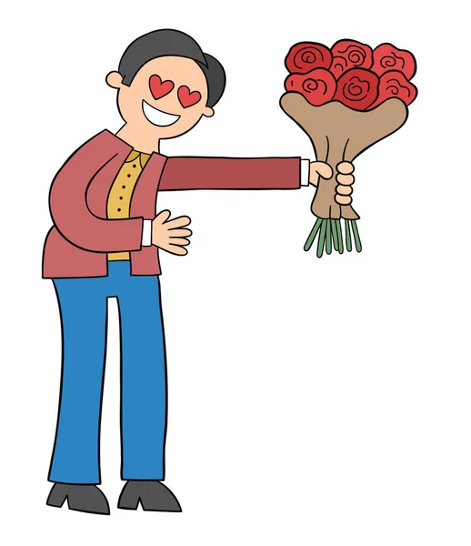 Cartoon Man Love Giving Bouquet Roses Vector Illustration Black Outlined — Stock Vector