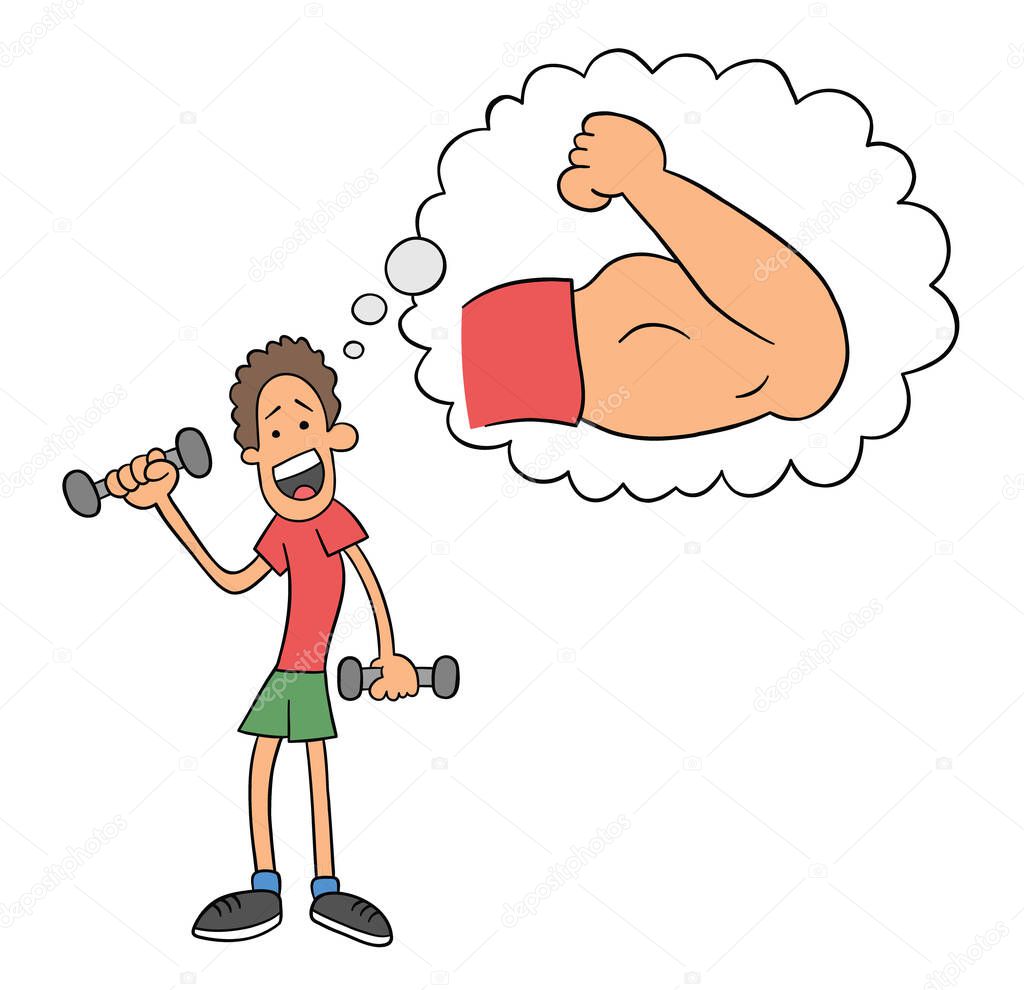 Cartoon thin man dreams of building arm muscle by lifting dumbbells, vector illustration. Black outlined and colored.