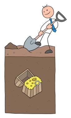 Stickman işadamı karakteri toprağın altında büyük bir hazine ve vektör karikatür çizimi kazıyor. Siyah çizgili ve renkli. 