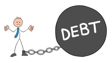 Stickman iş adamı karakteri iflas etmiş ve borç ağırlığına zincirlenmiş, vektör karikatür çizimi. Siyah çizgili ve renkli. 