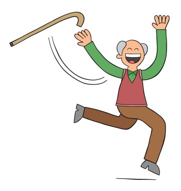 Çizgi filmdeki yaşlı adam bastonu fırlattı ve koşmaya başladı, vektör çizimi. Siyah çizgili ve renkli.