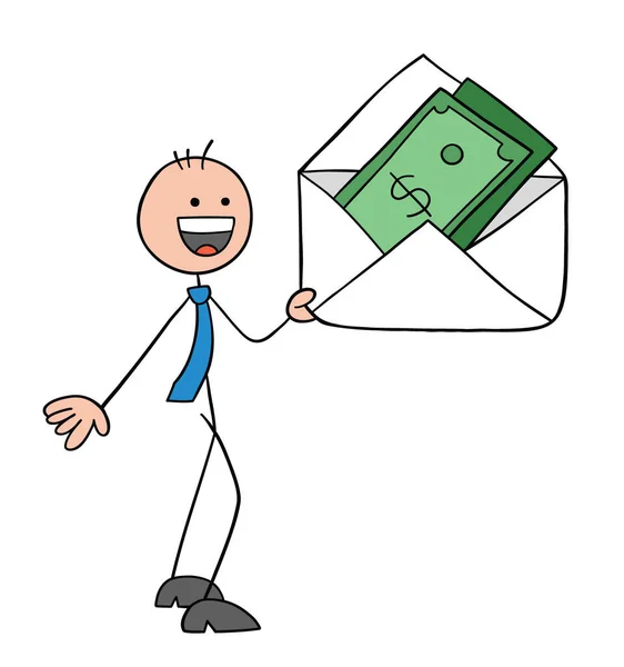 Stickman Businessman Character Holding Envelope Moneys Vector Cartoon Illustration Black — Stock Vector