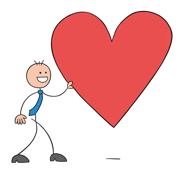 Stickman Personaje Hombre Negocios Caminando Sosteniendo Gran Símbolo Del Corazón — Archivo Imágenes Vectoriales