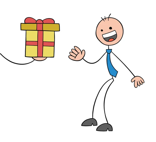 Stickman Homme Affaires Personnage Reçoit Cadeau Est Très Heureux Illustration — Image vectorielle