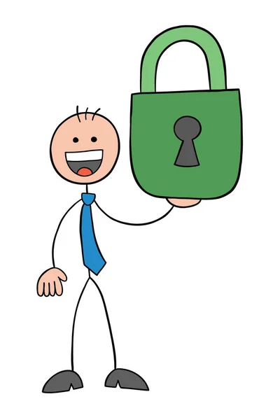 Stickman Businessman Character Happy Holding Closed Padlock Vector Cartoon Illustration — Stock Vector