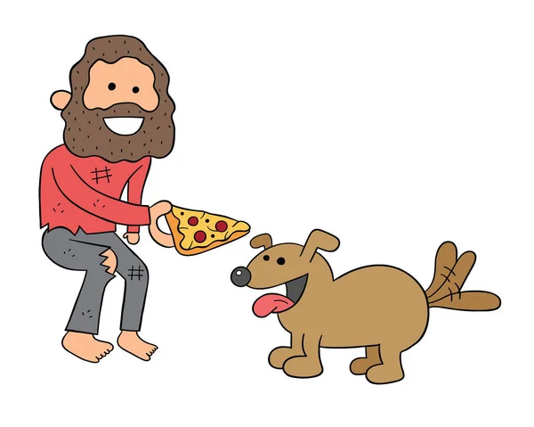 Hombre Sin Hogar Dibujos Animados Compartiendo Rebanada Pizza Con Perro — Vector de stock