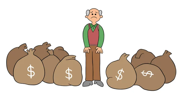 Cartoon Oude Man Heeft Veel Geld Maar Hij Ongelukkig Vector — Stockvector