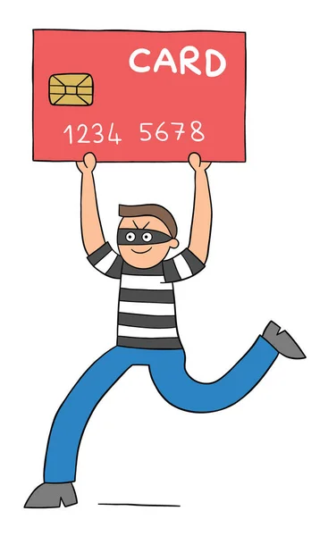 Cartoon Thief Man Stole Credit Card Runs Vector Illustration Black — Stock Vector