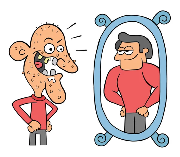 Cartoon Ošklivý Muž Podívá Zrcadla Myslí Tak Hezký Vektorová Ilustrace — Stockový vektor