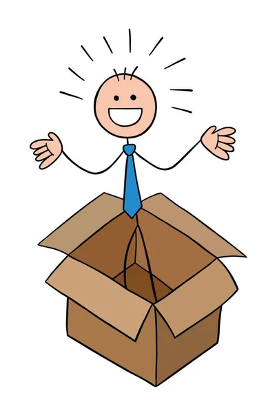 Stickman Geschäftsmannfigur Der Leeren Schachtel Und Glücklich Vektor Cartoon Illustration — Stockvektor