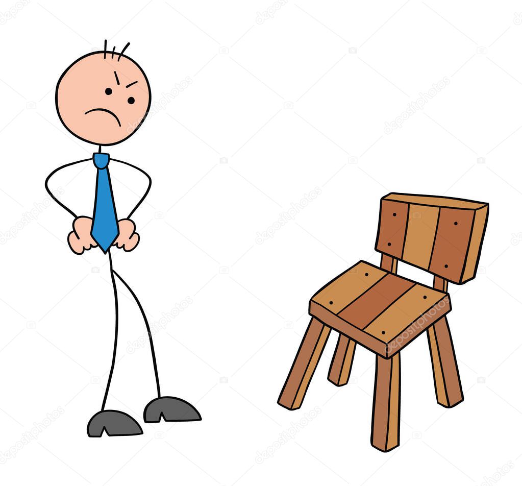 Stickman businessman character gets angry when he sees the wooden chair, vector cartoon illustration. Black outlined and colored. 