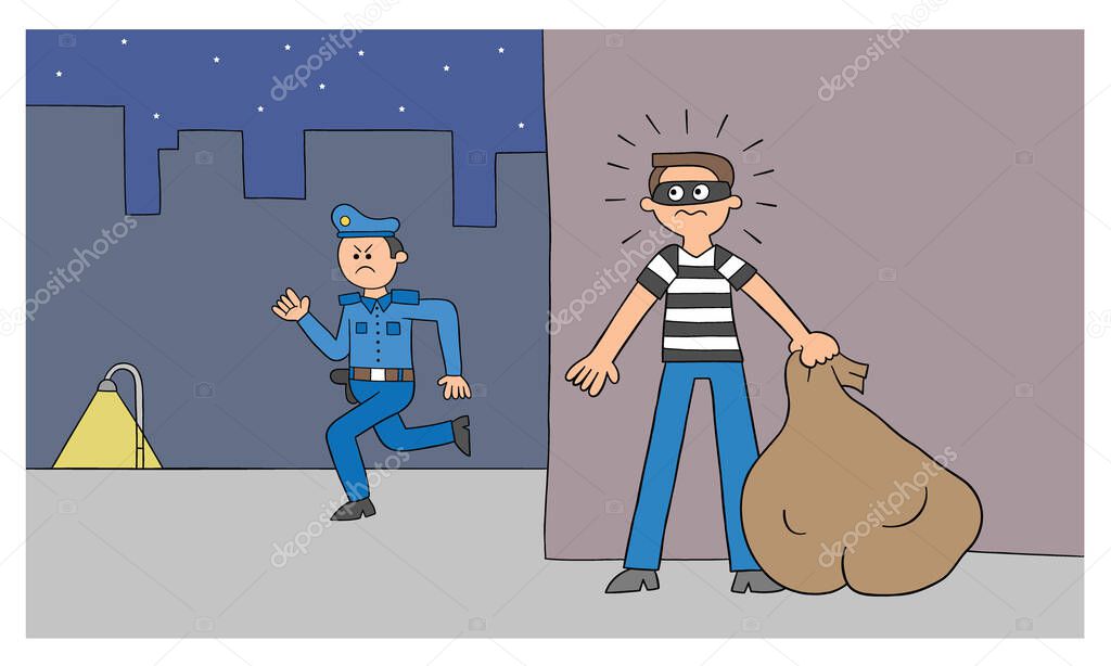 Cartoon thief man is hiding behind the wall, the police are looking for him, vector illustration. Black outlined and colored.