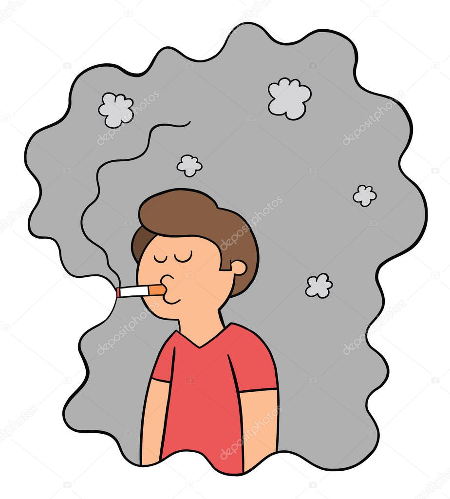Cartoon man smokes and is caught in his own cigarette smoke, vector illustration. Black outlined and colored.