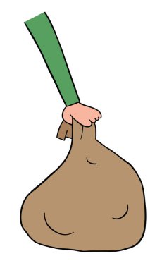 Çuval taşımanın çizgi film çizimi. Renkli ve siyah çizgiler.