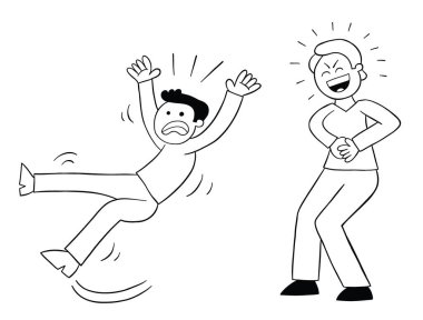 Çizgi filmdeki adam kayıp düşüyor ve kötü arkadaşı gülüyor, vektör çizimi. Siyah ve beyaz çizgili.