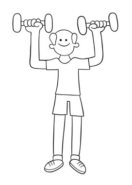 Çizgi filmdeki yaşlı adam ağırlık çalışıyor ve kaldırıyor, vektör çizimi. Siyah ve beyaz çizgili.