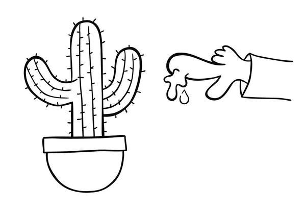 Illustration Vectorielle Dessin Animé Cactus Épine Doigt Saignant Noir Contour — Image vectorielle