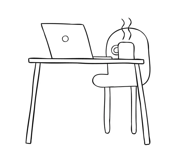 写字台和笔记本电脑的卡通矢量图解 黑色轮廓 — 图库矢量图片