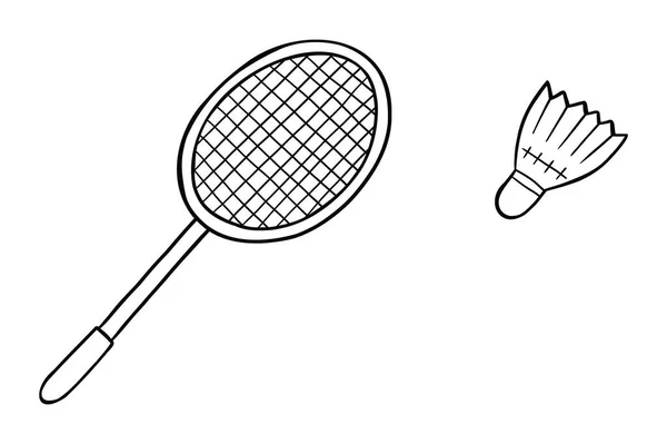 Cartoon Vektor Ilustrace Badminton Raketa Míč Shuttlecock Černý Obrys Bílá — Stockový vektor