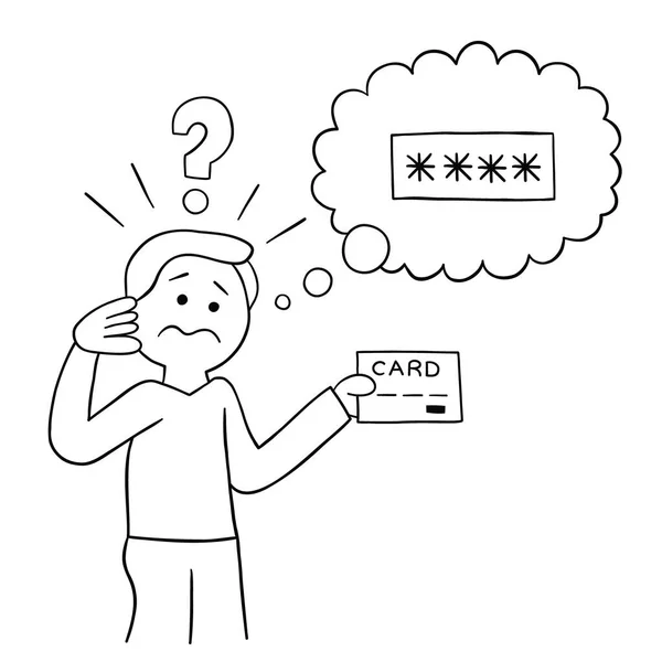 Tecknad Man Försöker Komma Ihåg Kreditkort Lösenord Vektor Illustration Svart — Stock vektor