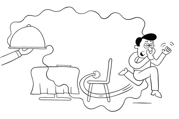 Cartoon man runs away from the disgusting smell after the food comes in the restaurant, vector illustration. Black outlined and white colored.