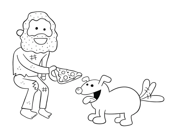 卡通流浪汉与狗共享披萨片 病媒图解 黑色轮廓 — 图库矢量图片
