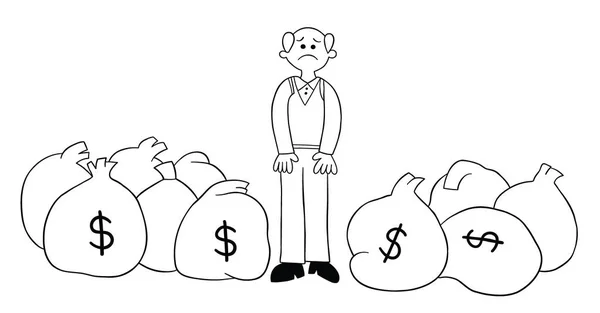 Cartoon Starý Muž Spoustu Peněz Ale Nešťastný Vektorové Ilustrace Černý — Stockový vektor