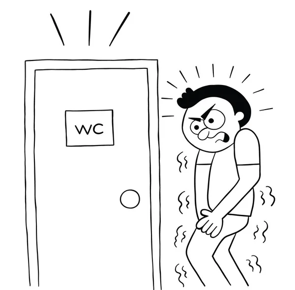 Homem Dos Desenhos Animados Esperando Porta Banheiro Ilustração Vetorial Preto — Vetor de Stock