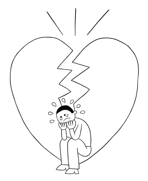 Мультфильм Человек Разбитым Сердцем Грустно Векторные Иллюстрации Черный Контур Белый — стоковый вектор