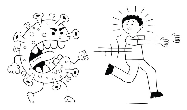 Dibujos Animados Coronavirus Monstruo Está Persiguiendo Hombre Ilustración Vectorial Negro — Vector de stock