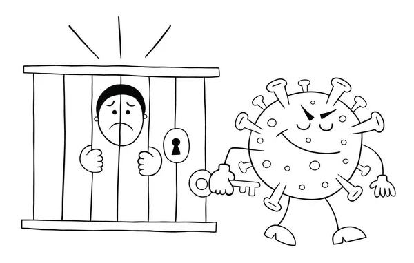 Cartoon Coronavirus Mostro Chiuso Uomo Prigione Illustrazione Vettoriale Nero Delineato — Vettoriale Stock