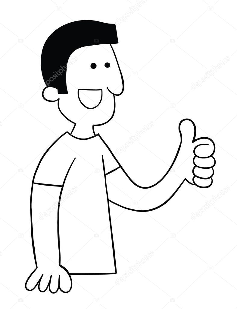 Cartoon man giving thumbs up, vector illustration. Black outlined and white colored.