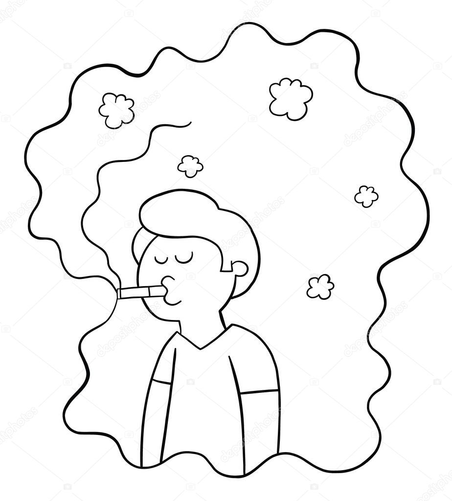 Cartoon man smokes and is caught in his own cigarette smoke, vector illustration. Black outlined and white colored.