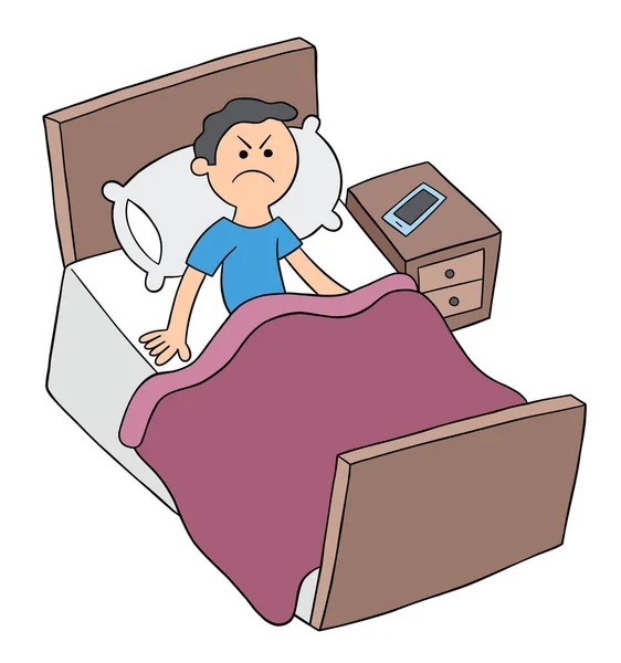 Cartoon Man Bed Angry Can Sleep Vector Illustration Colored Black — Stock Vector