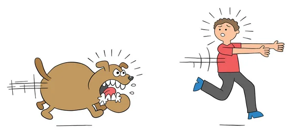 卡通愤怒的狗追逐人和人逃跑 病媒图解 彩色和黑色轮廓 — 图库矢量图片