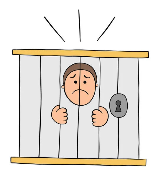 Cartoon Man Vězení Velmi Smutné Vektorové Ilustrace Barevné Černé Obrysy — Stockový vektor