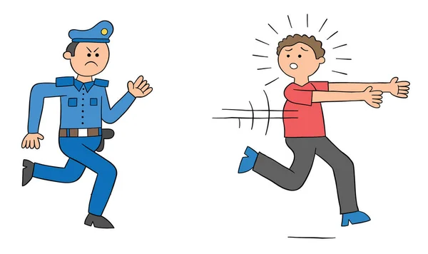 Cartoon Police Chasing Man Vector Illustration Colored Black Outlines — Stock Vector