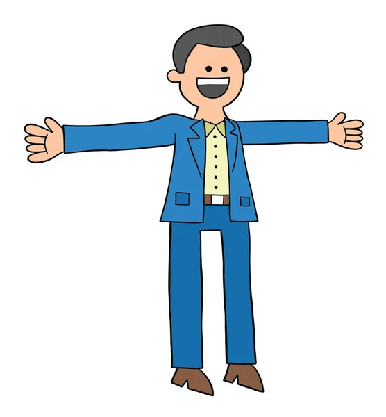Cartoon Muž Obleku Otevřené Ruce Šťastný Vektorové Ilustrace Barevné Černé — Stockový vektor